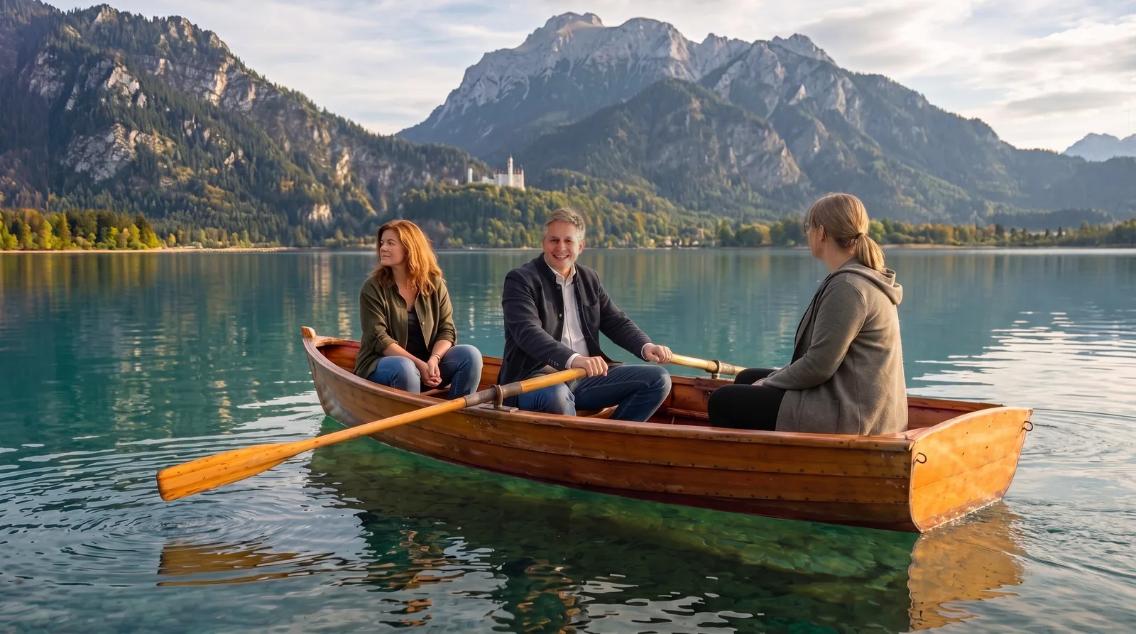 Team Schmid und Hackl im Ruderboot auf dem Forggensee mit Schloss Neuschwanstein und Allgäuer Alpen im Hintergrund