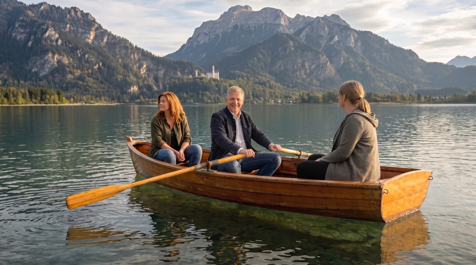 Team Schmid und Hackl im Ruderboot auf dem Forggensee mit Schloss Neuschwanstein und Allgäuer Alpen im Hintergrund