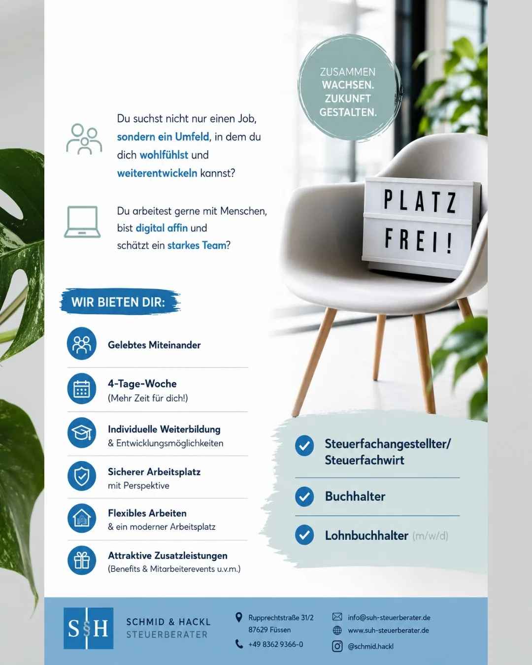 Stellenanzeige Schmid & Hackl 2026 — Platz frei: Steuerfachangestellter/Steuerfachwirt, Buchhalter, Lohnbuchhalter (m/w/d)