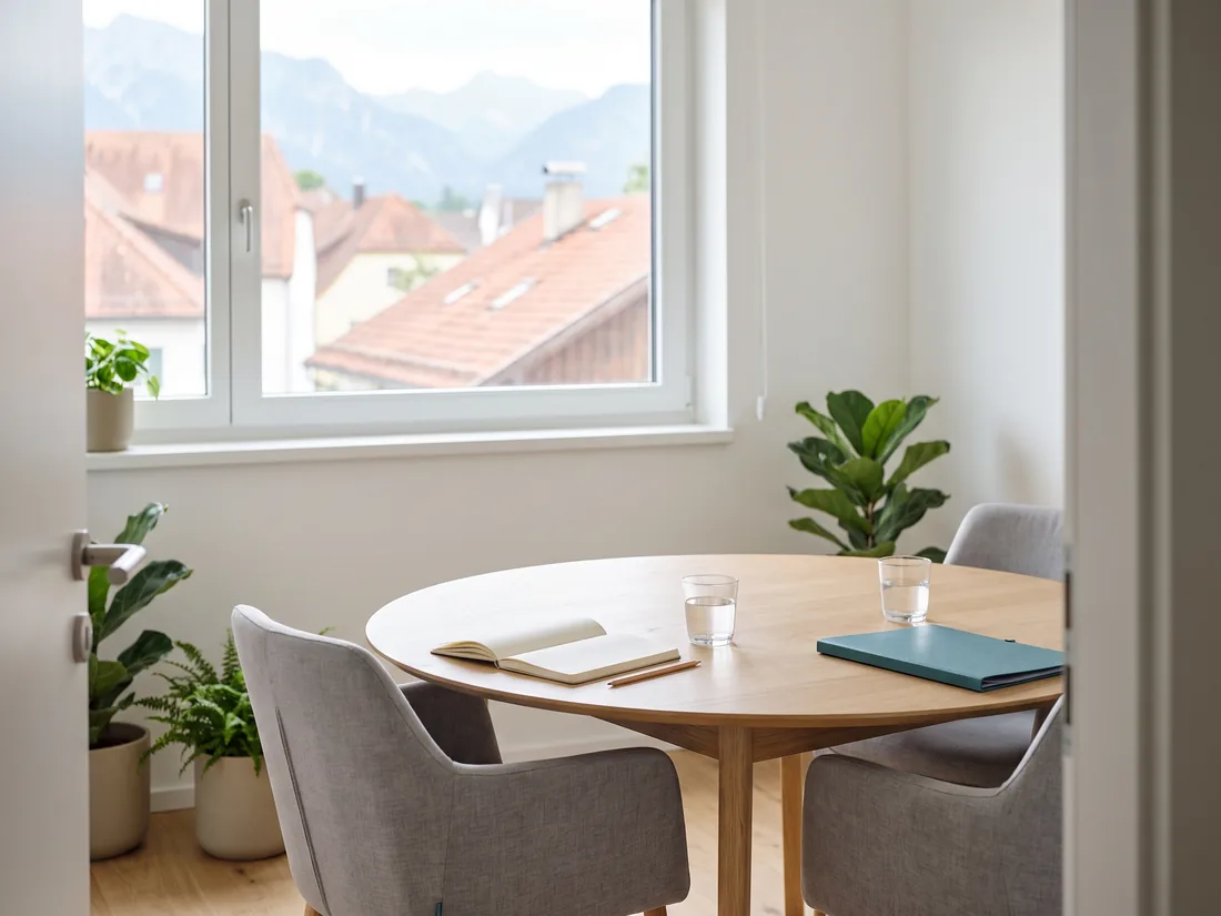 Symbolbild Beratung & Planung — Besprechungstisch mit zwei Stühlen und Blick über die Dächer