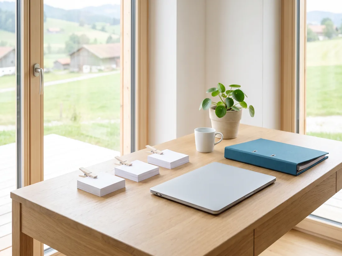 Symbolbild Finanzbuchhaltung — sortierte Belegstapel, Ordner und Laptop am hellen Arbeitsplatz