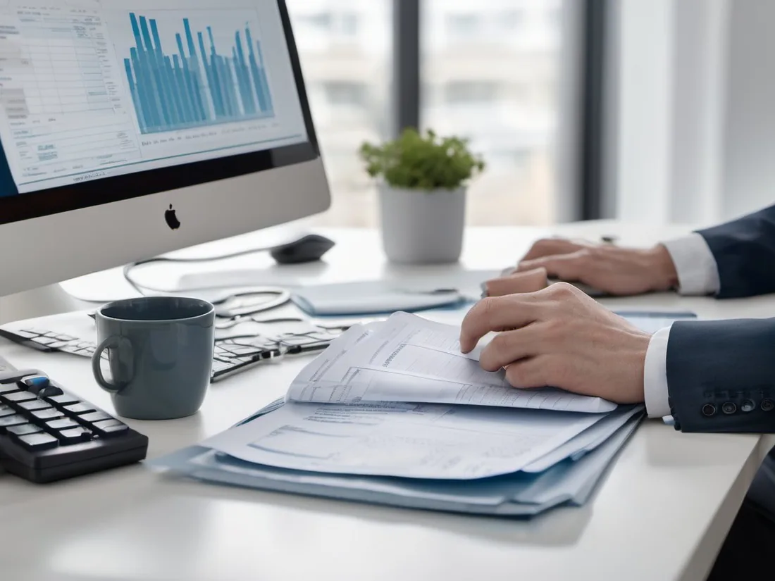 Symbolbild Finanzbuchhaltung — digitaler Belegaustausch am Arbeitsplatz